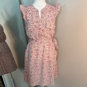 Monteau Cream and Pink Floral Midi Dress with Ruffle Cap Sleeves